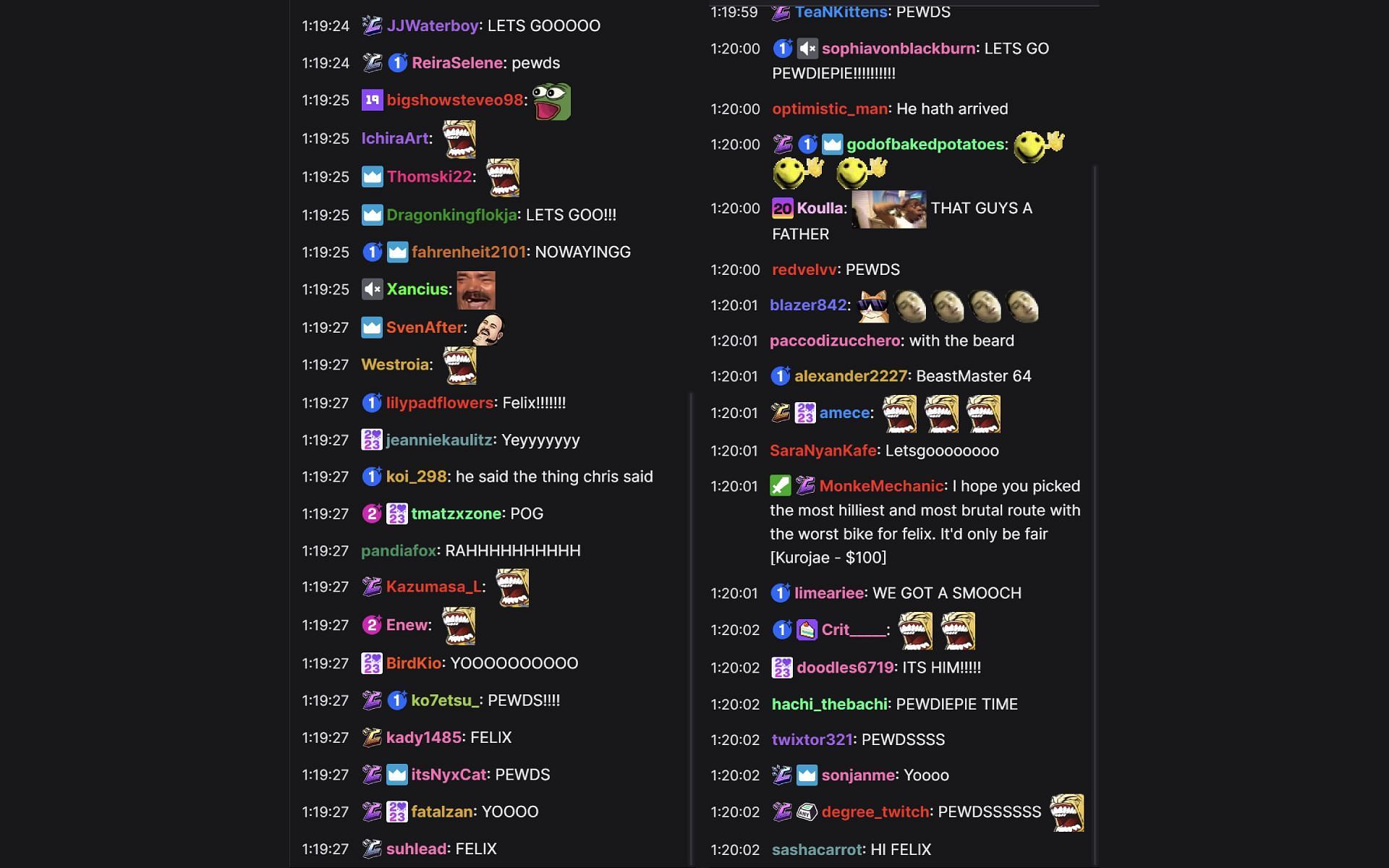 CDawgVA&#039;s Twitch chat reacts to the YouTube star&#039;s appearance on the livestream on April 5, 2024 (Image via Twitch)