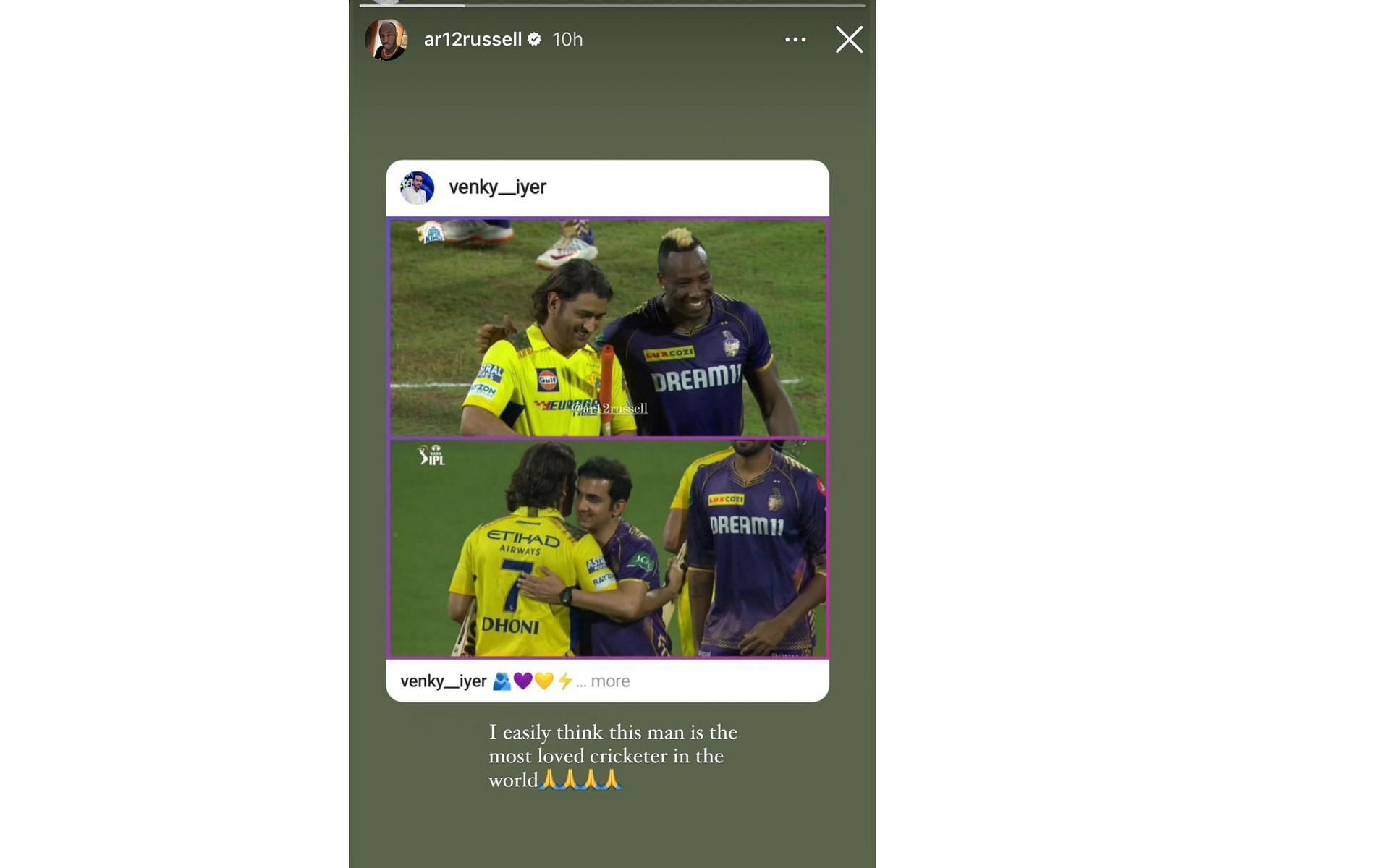 Andre Russell&#039;s Instagram story for MS Dhoni.