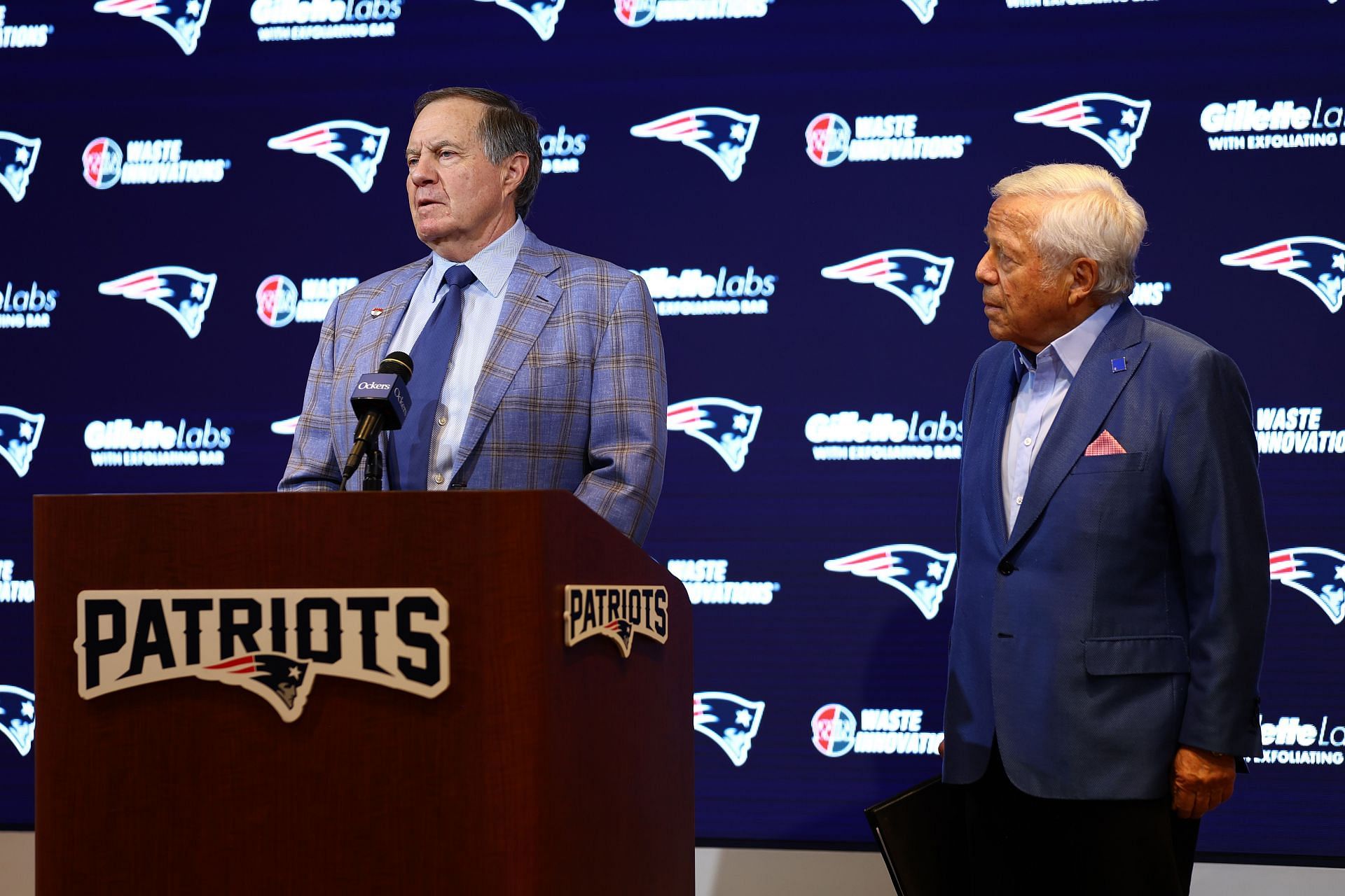 Bill Belichick, left, Robert Kraft, right during a New England Patriots Press Conference