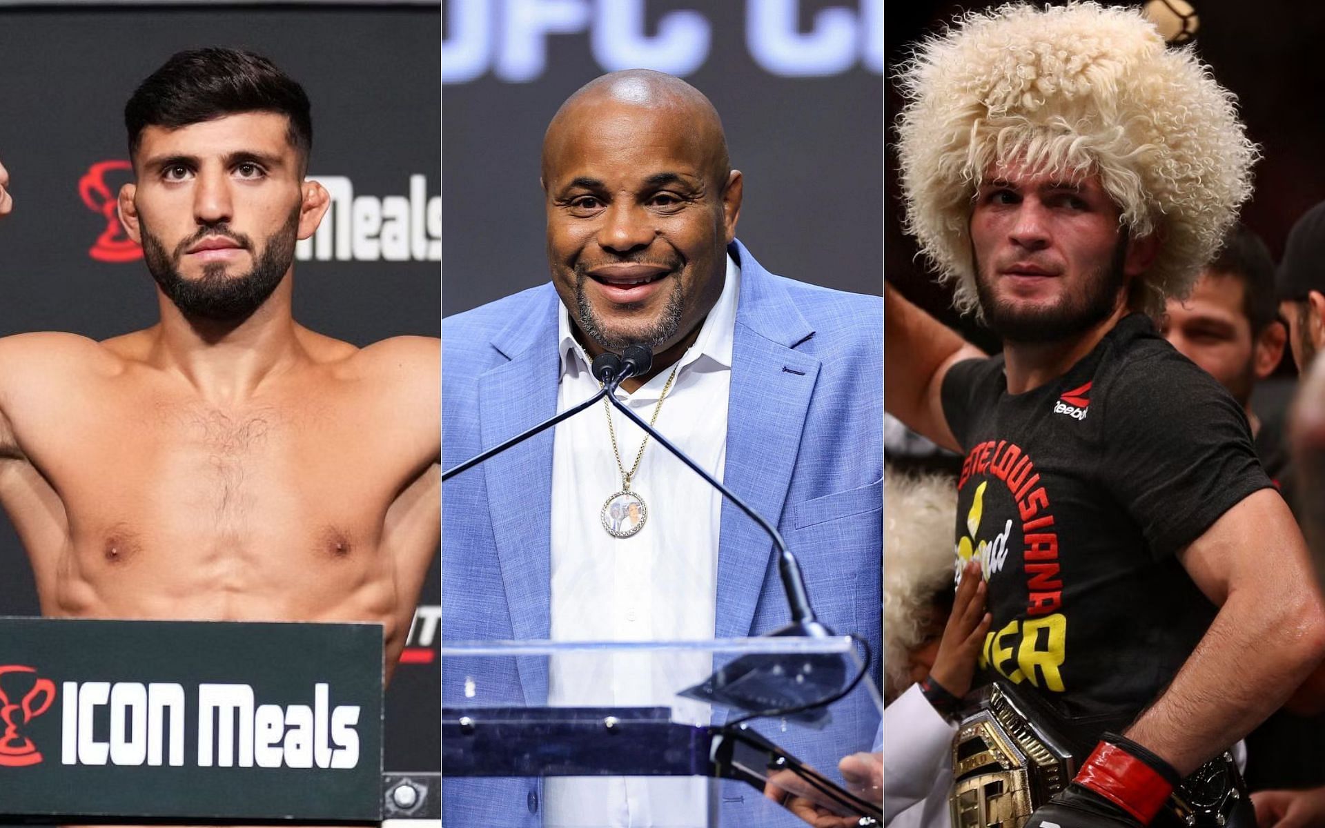 Daniel Cormier (middle) speaks about Arman Tsarukyan (left) and Khabib Nurmagomedov (right) [Images via Getty]
