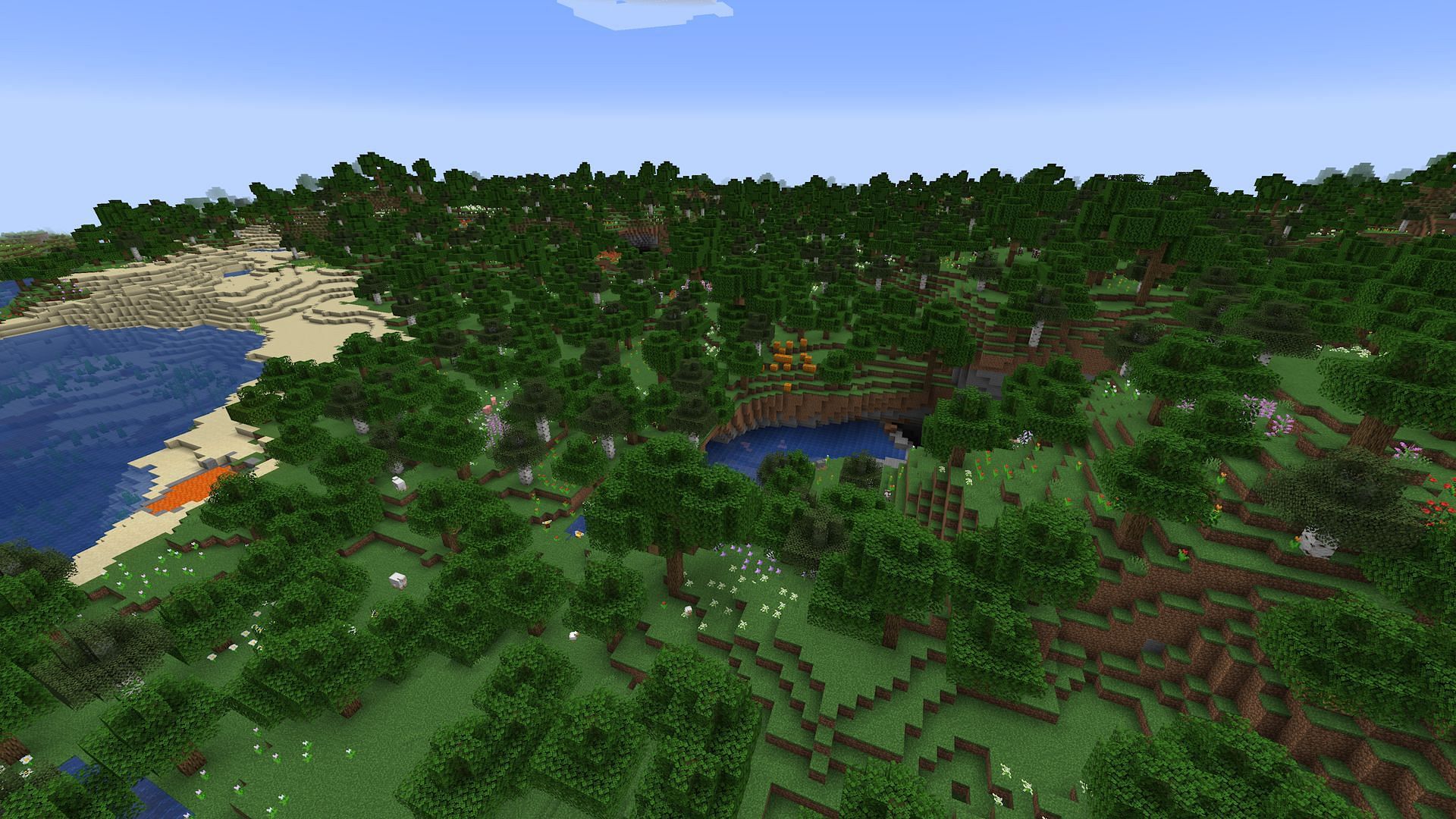The flower forest found along this seed&#039;s spawn ocean (Image via Mojang)