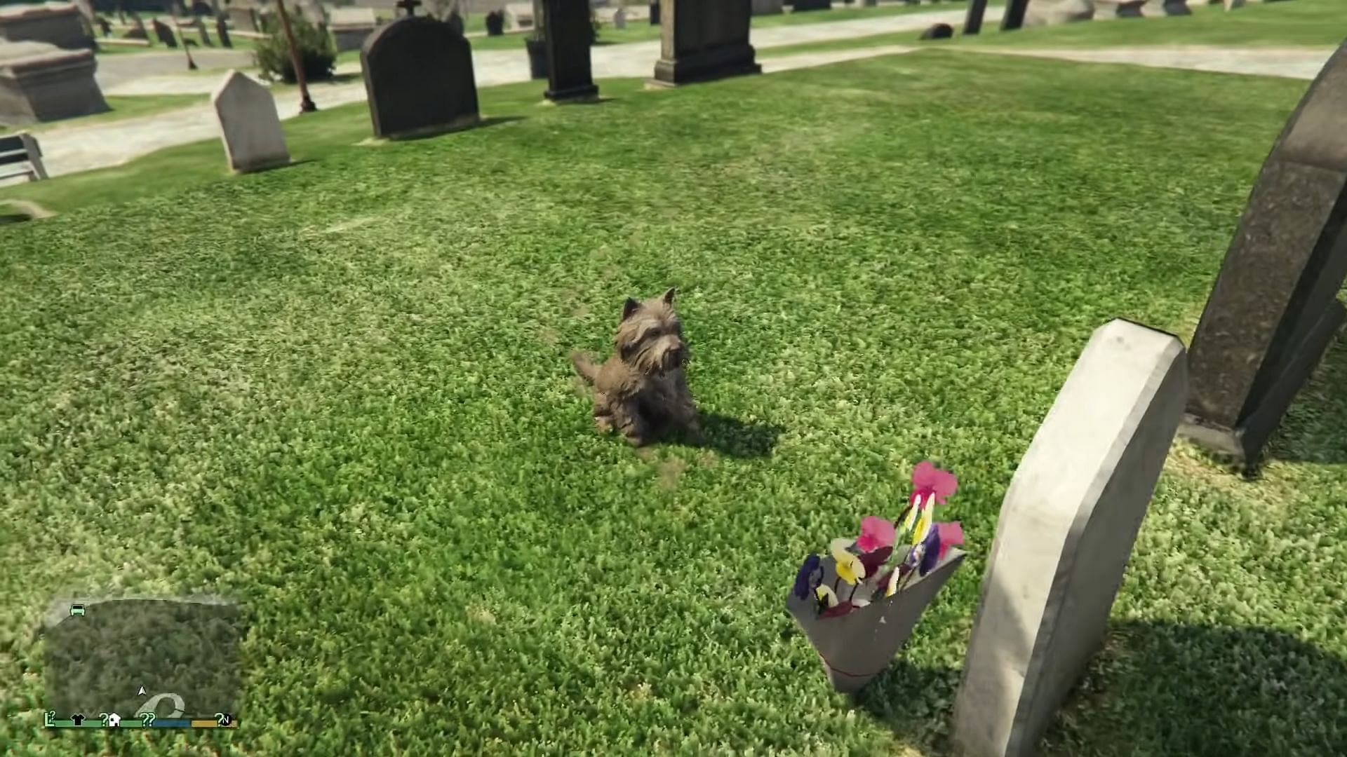 The dog can be found sitting near this tombstone (Image via Rockstar Games || Gnarly Carly, YouTube)