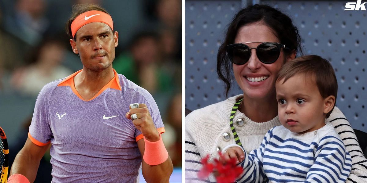 Rafael Nadal celebrates his win with his wife and baby son