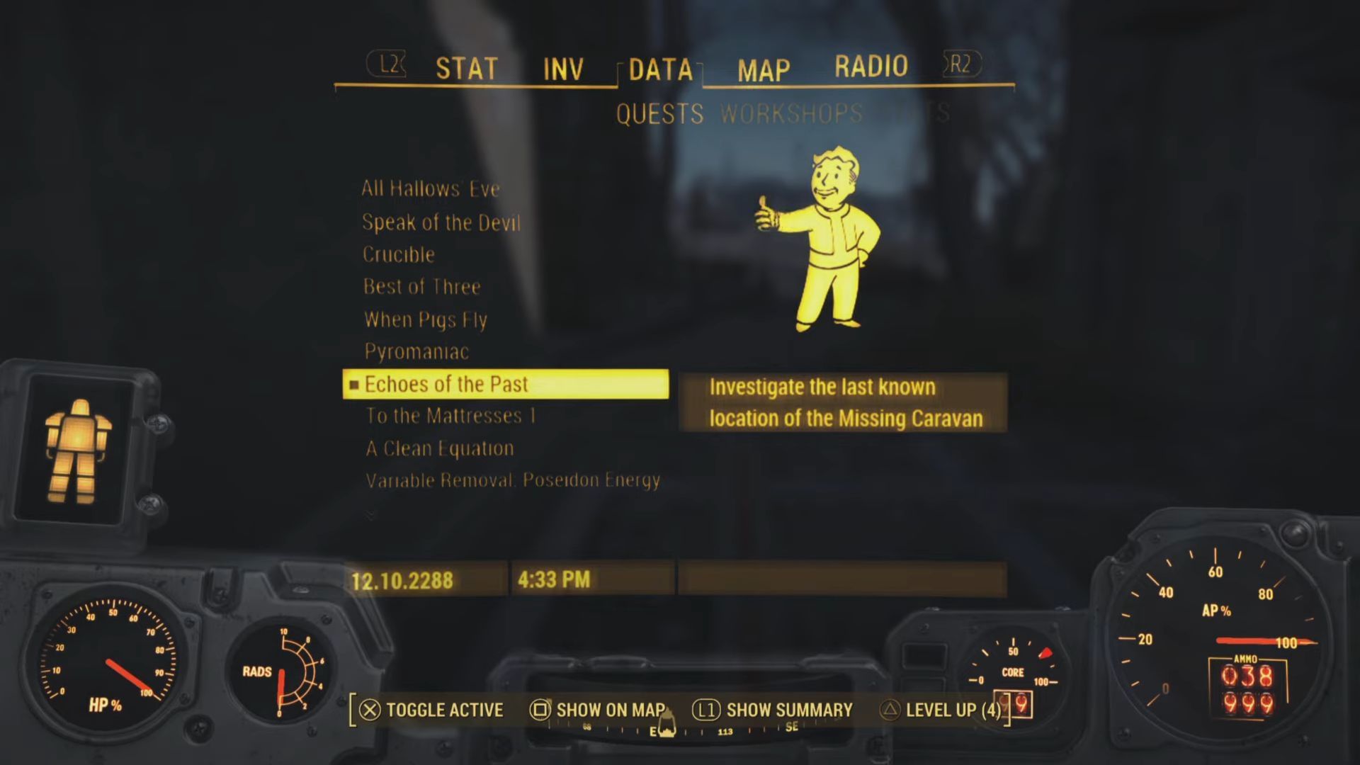 Fallout 4 Echoes of the Past quest start. (Image via Bethesda Softworks || Karpo Gaming on YouTube))