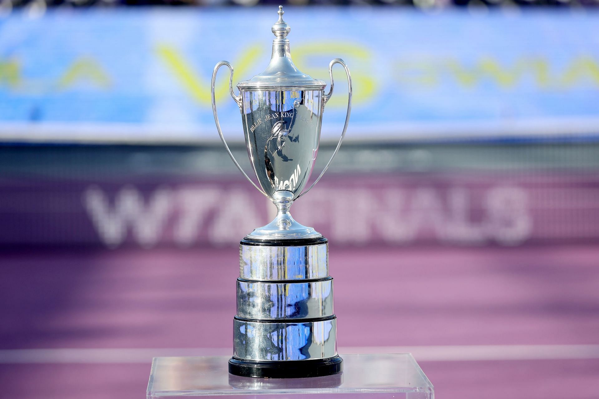 The Billie Jean King Trophy on display at the 2023 WTA Finals