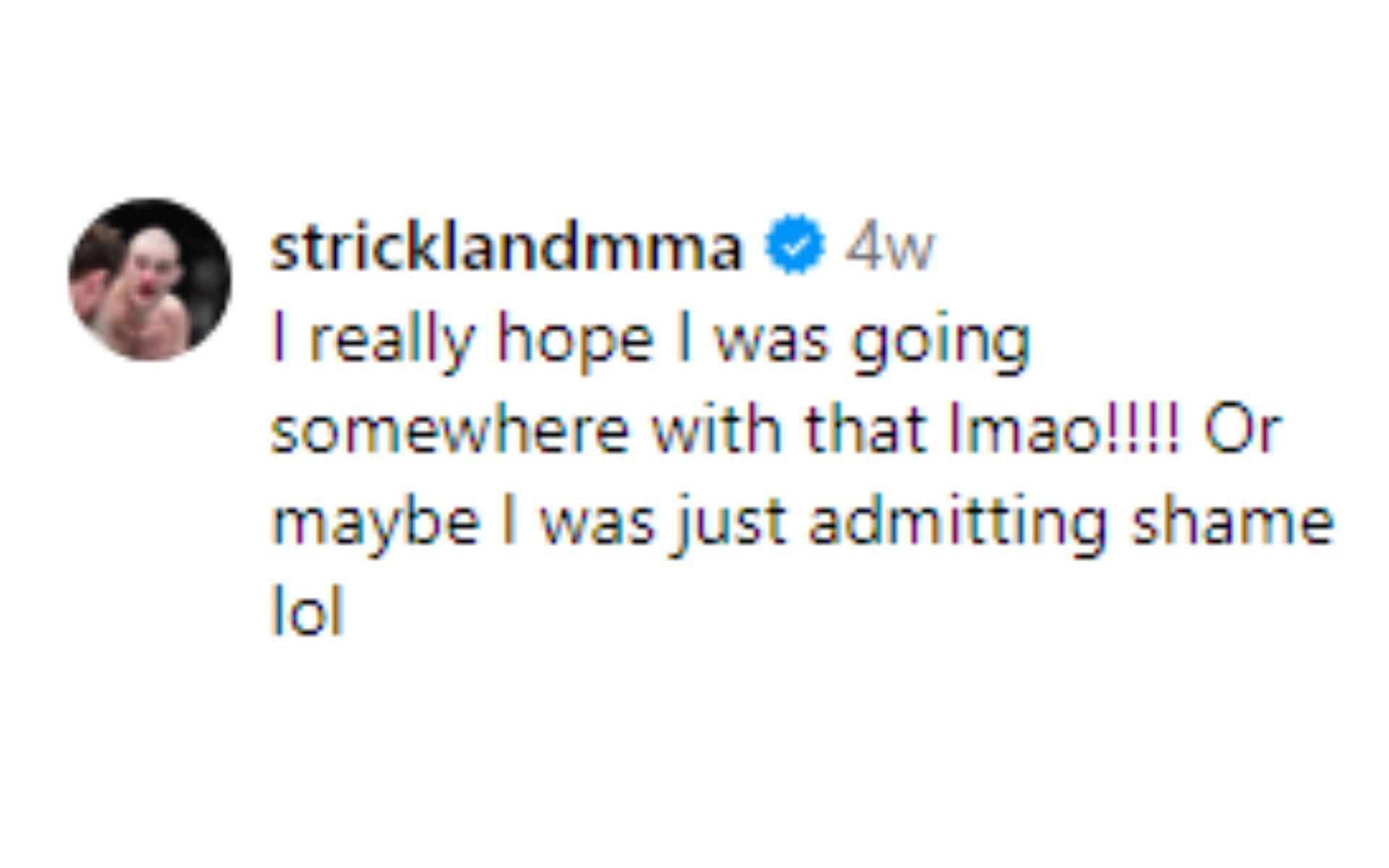 Strickland&#039;s comment reacting to the clip [Image courtesy: @thefightmafia - Instagram]