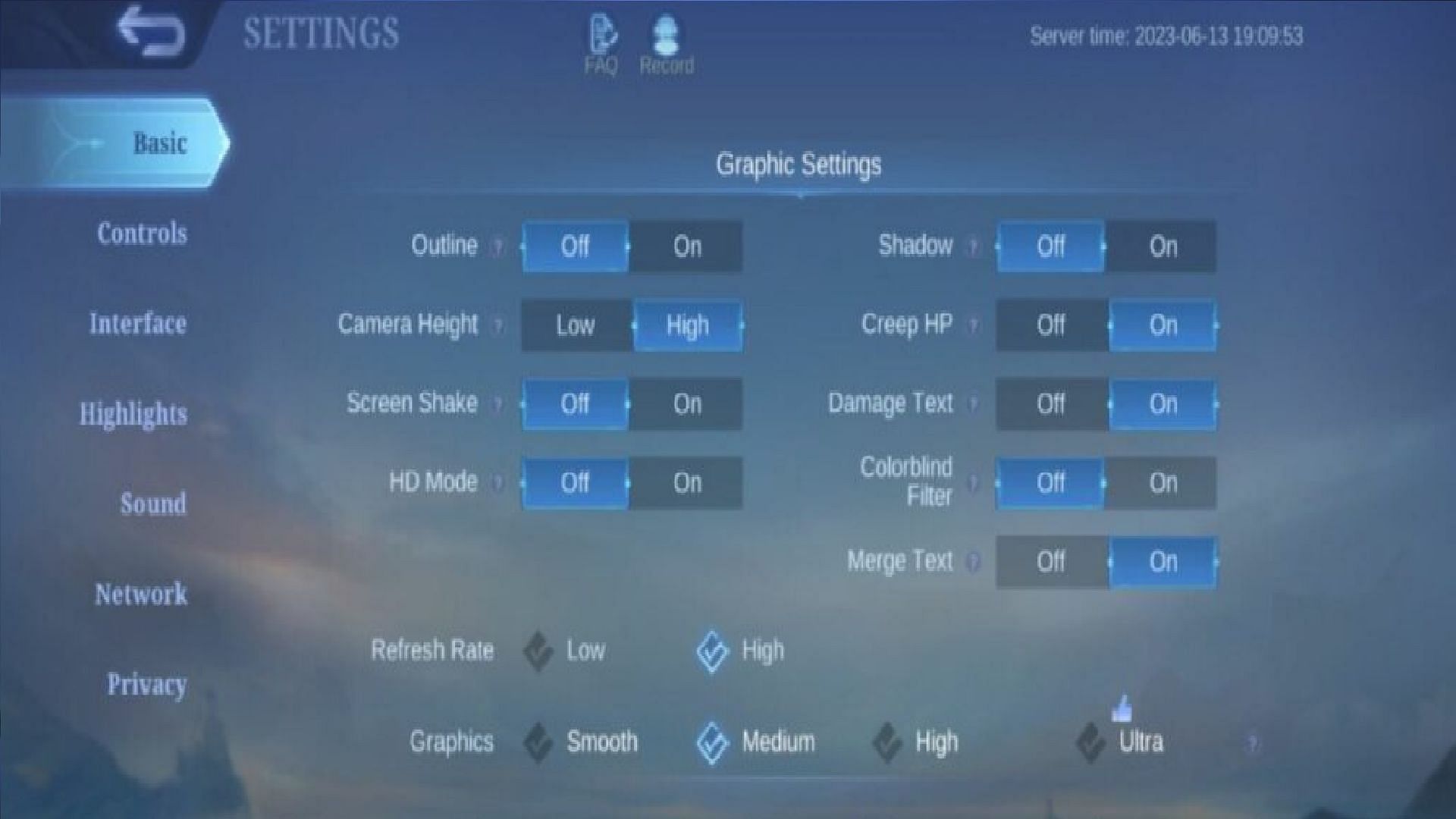 Optimal Basic Settings for the best Mobile Legends Bang Bang settings for beginners (Image via Moonton Games)