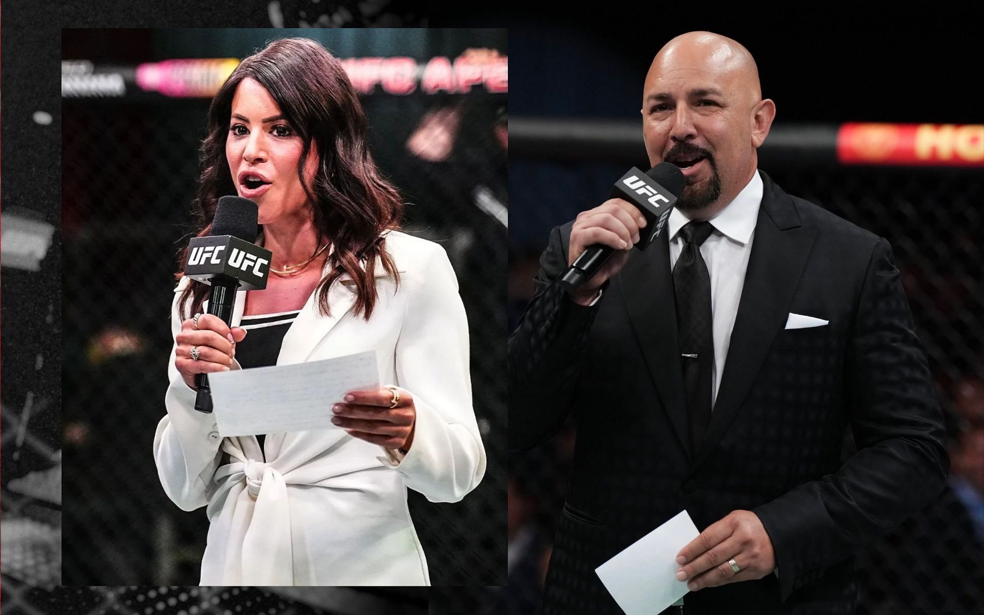 Joe Martinez was temporarily replaced by backstage reporter Charly Arnolt as ring announcer at UFC Vegas 91. [Image courtesy: @joeamartinez &amp; @charlyontv on Instagram]