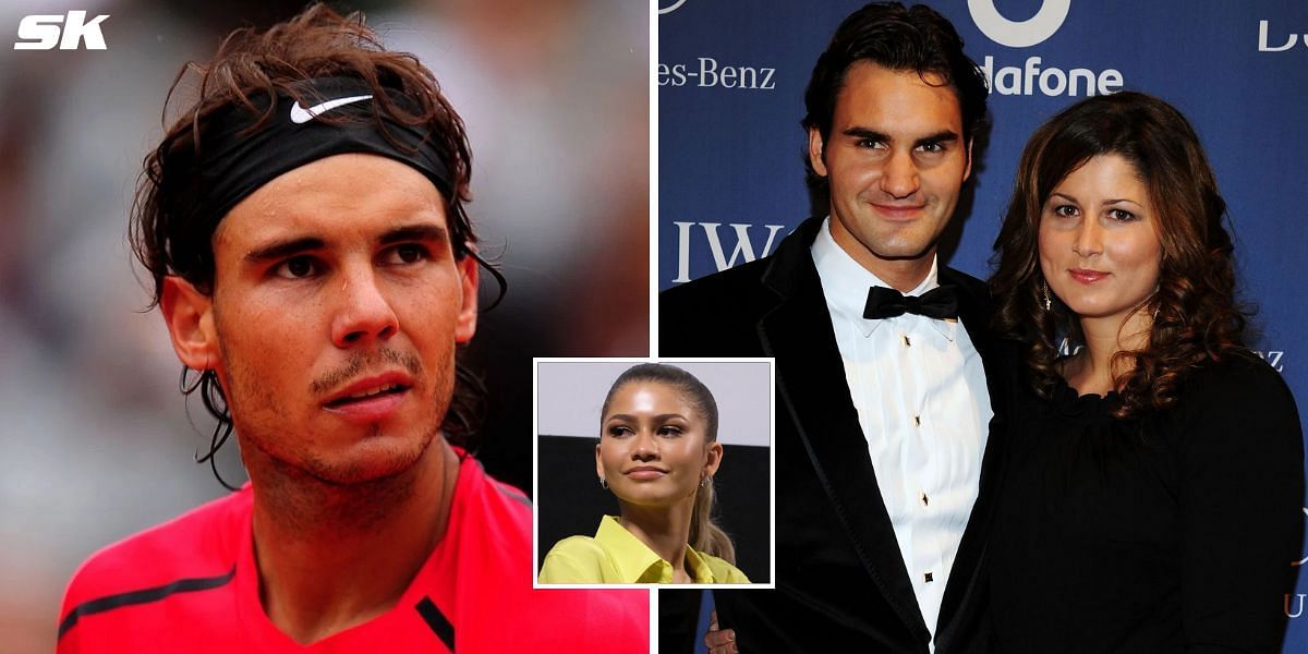 Rafael Nadal (L); Zendaya (inset); Roger Federer with Mirka