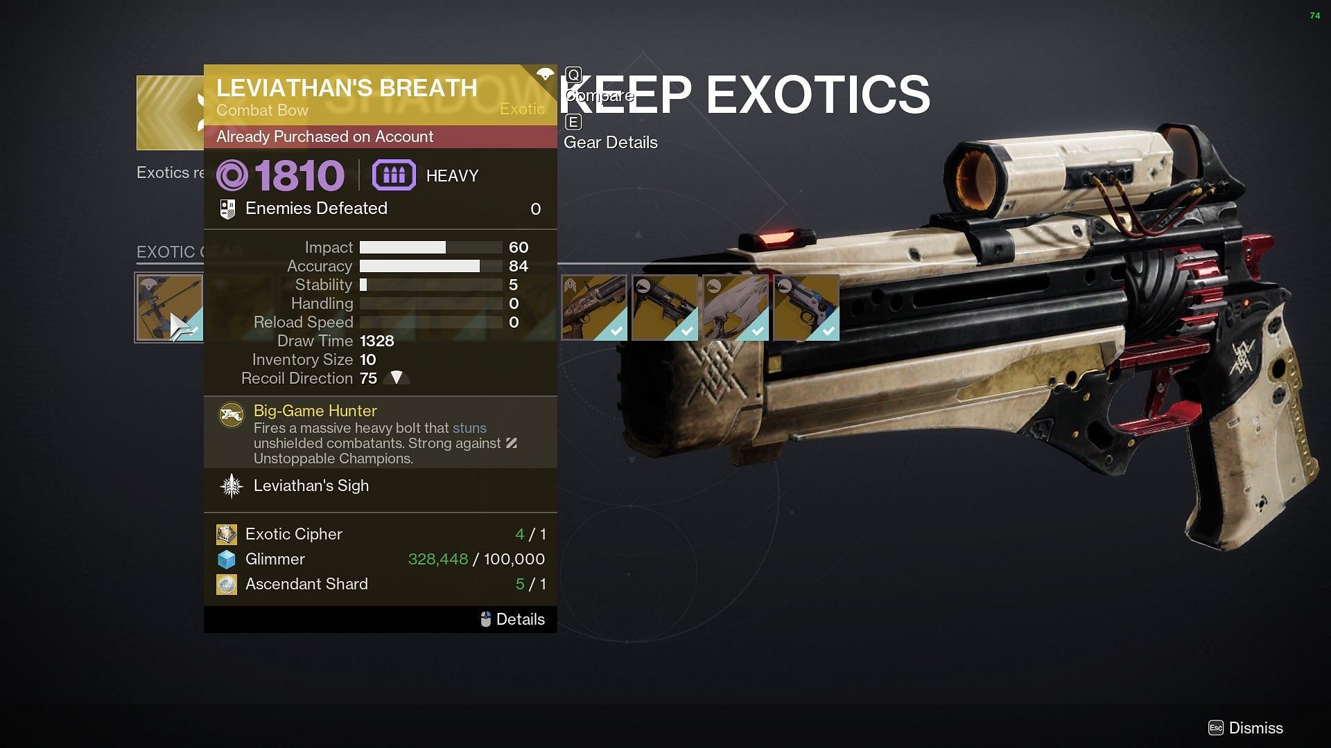 Leviathan&#039;s Breath cost in Destiny 2 (Image via Bungie)