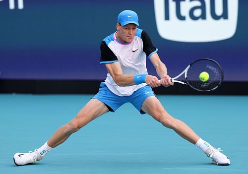 Jannik Sinner in action during the Miami Open final against Grigor Dimitrov