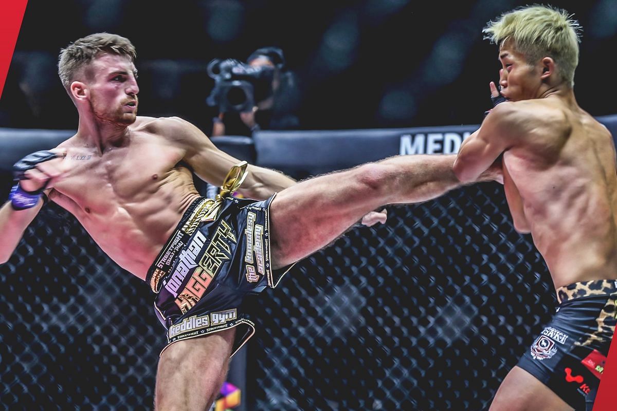 Jonathan Haggerty throwing a kick against Taiki Naito [Photo via: ONE Championship]