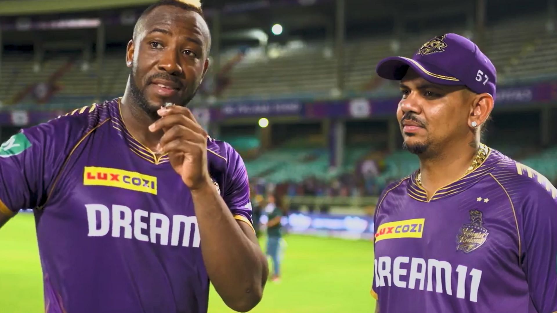 Andre Russell (L) in conversation with Sunil Narine