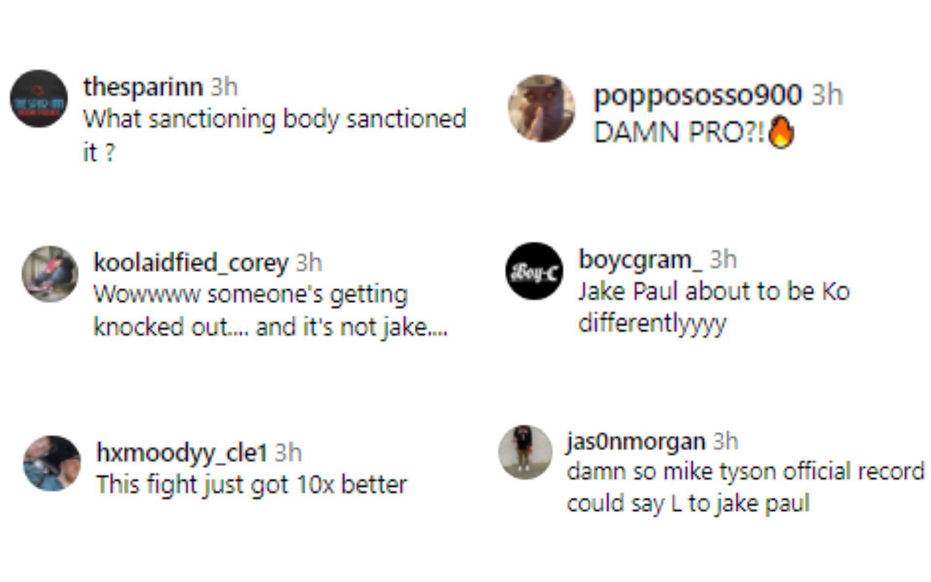 Fan reaction comments regarding Paul vs. Tyson being sanctioned as a pro bout [Image courtesy: @mostvaluablepromotions - Instagram]