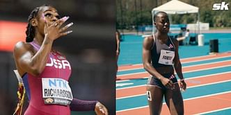 Sha’Carri Richardson and Twanisha Terry offer help to Shashalee Forbes following her injury at the Miramar Invitational