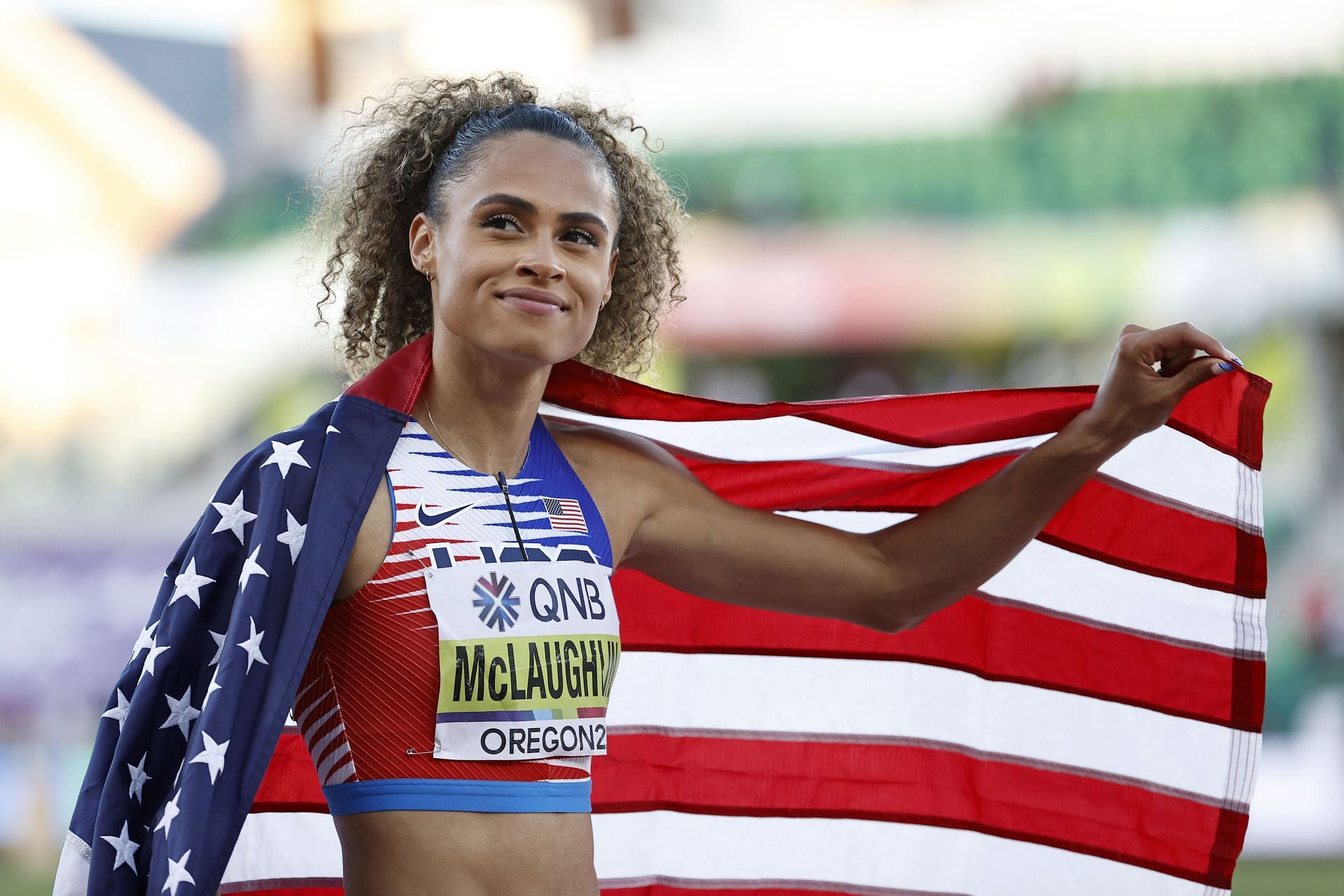 Sydney McLaughlin celebrates winning gold in the Women&#039;s 4x400m Relay Final at the 2022 World Athletics Championships at Hayward Field in Eugene, Oregon.