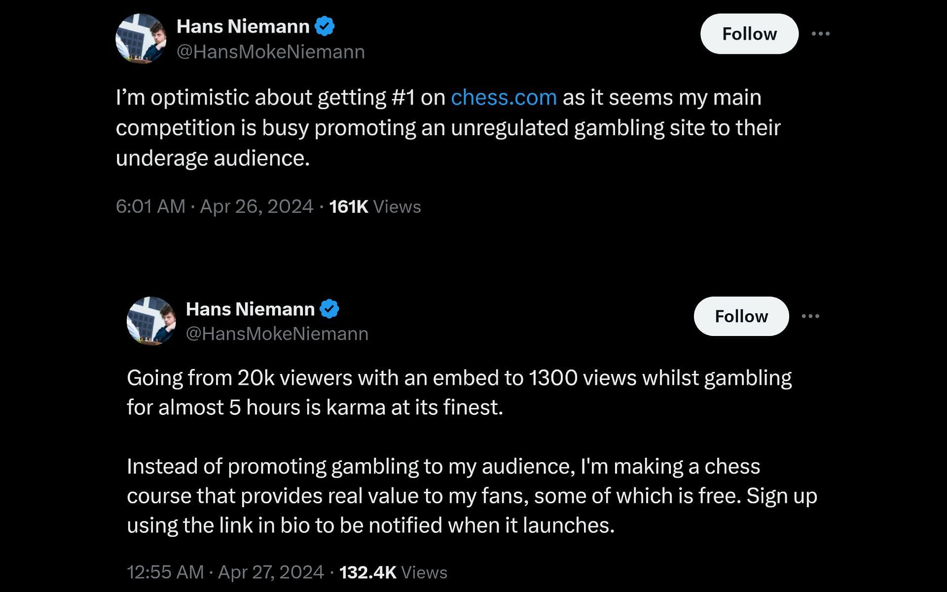 Hans Niemann&#039;s tweets that were seemingly directed at Hikaru Nakamura (Image via X)