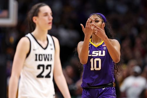 Angel Reese taunts Caitlin Clark during LSU v Iowa in the 2023 NCAA Women's Basketball Finals