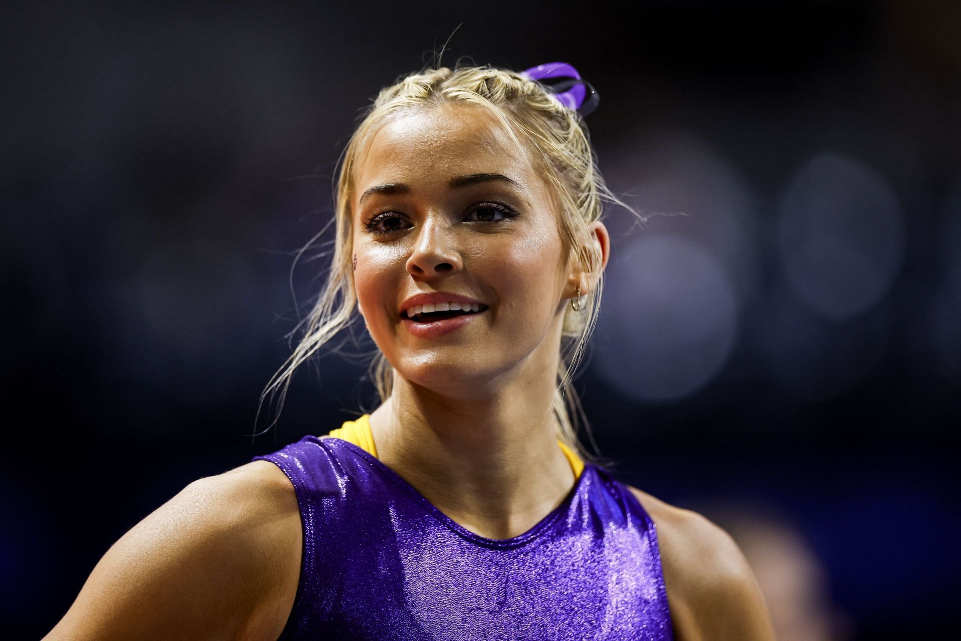 Olivia Dunne of the LSU Tigers looks on before a meet against the Florida Gators at the Stephen C. O&#039;Connell Center on February 23, 2024 in Gainesville, Florida. (Photo by James Gilbert/Getty Images)