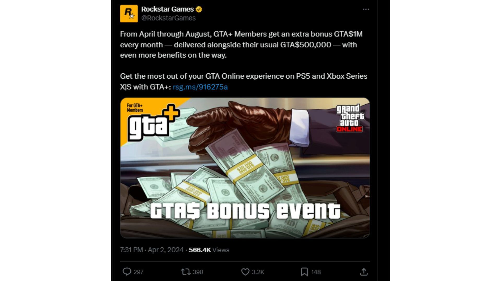 A screenshot of Rockstar Games&#039; latest post on X (Image via X)