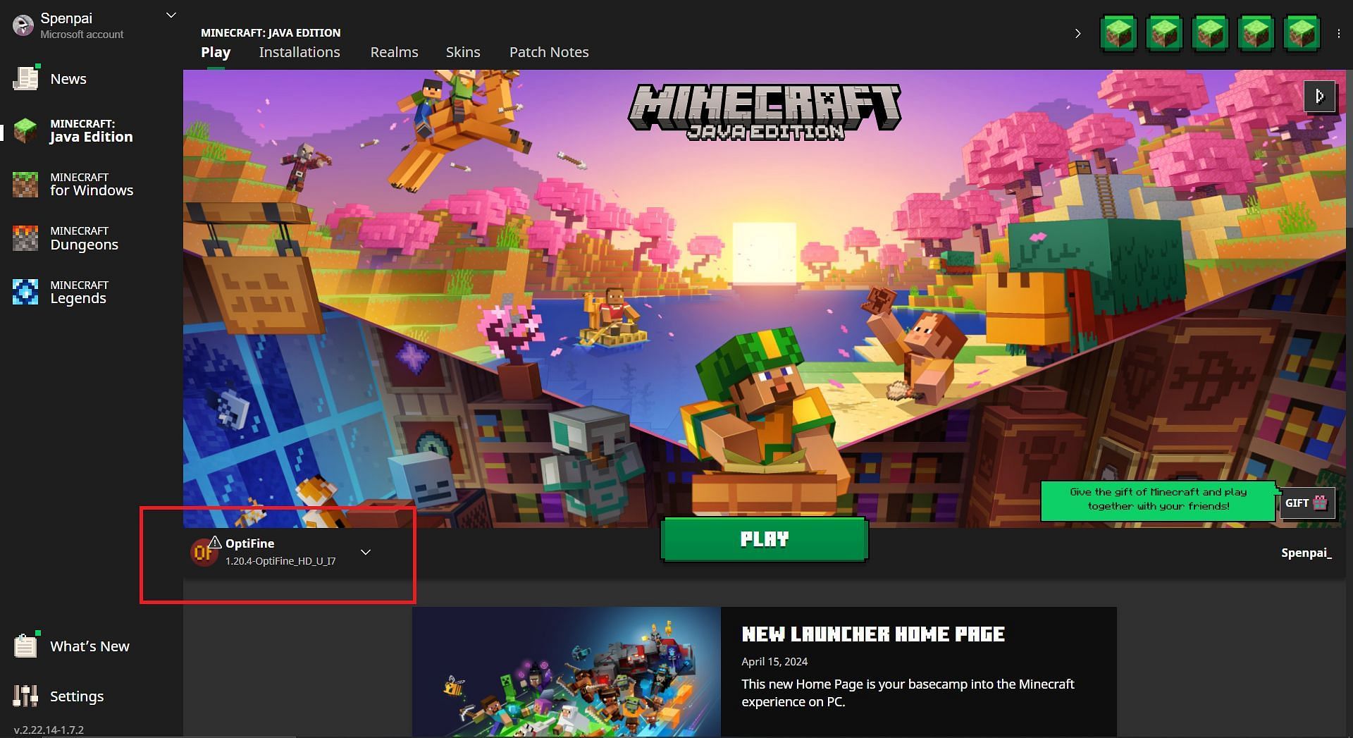 Optifine can be accessed directly from the official game launcher (Image via Mojang)