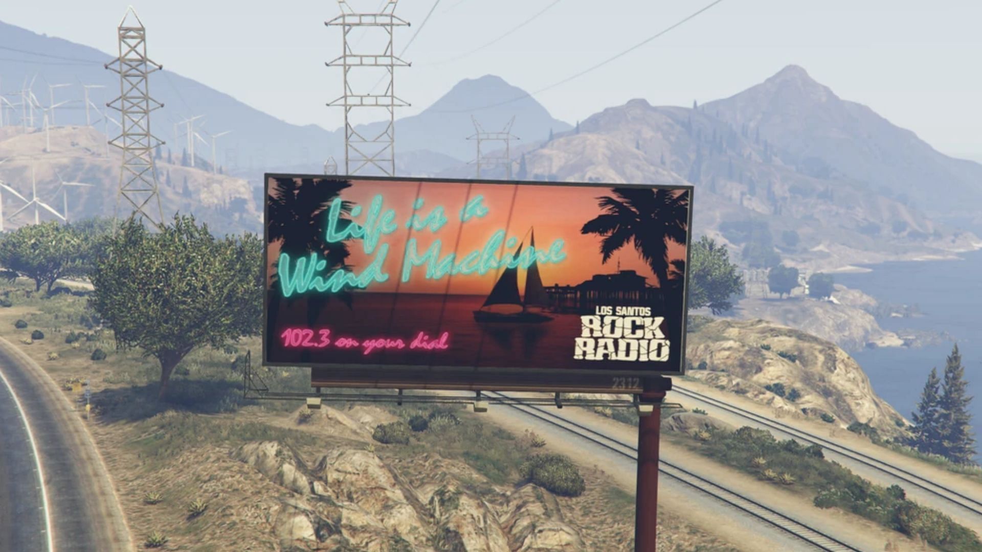 The Los Santos Rock Radio billboard in Grand Theft Auto 5. (Image via GTA Wiki)