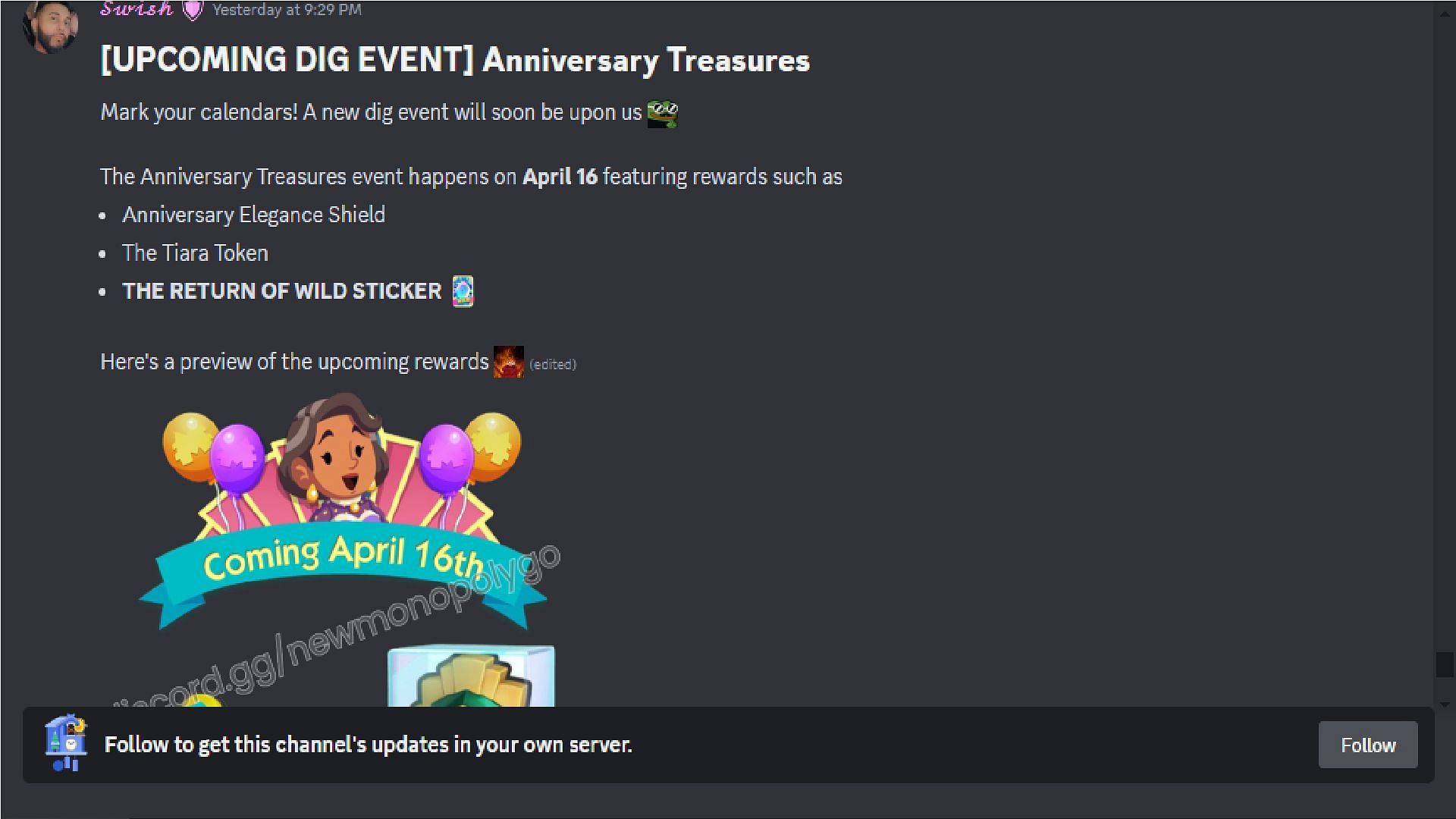 Reliable Discord member hinted at the release date and rewards of the event (Image via Discord/Monopoly Go)