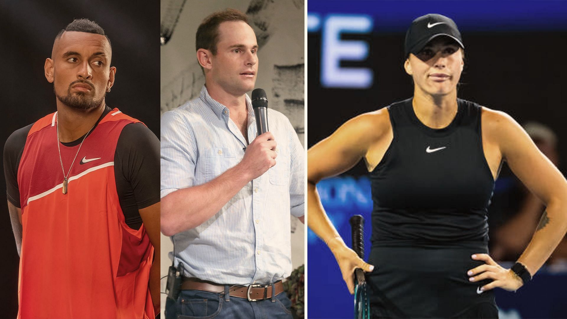 (Left to Right) Nick Kyrgios, Andy Roddick, Aryna Sabalenka 