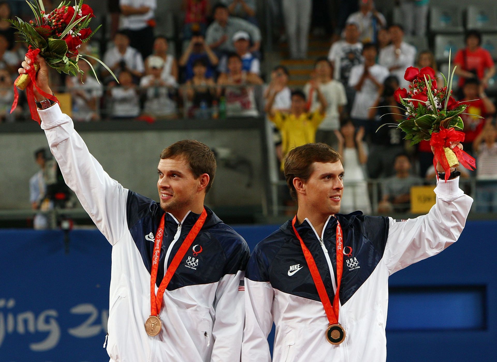 Bob Bryan (left) and Mike Bryan with their bronze medals at the 2008 Beijing Olympics