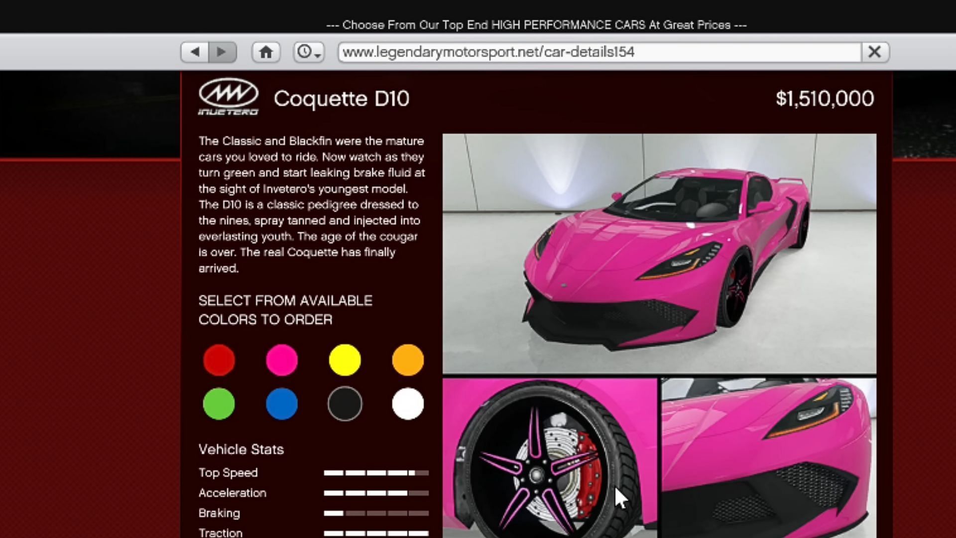 The Coquette D10&#039;s page on Legendary Motorsport (Image via YouTube/Digital Car Addict)