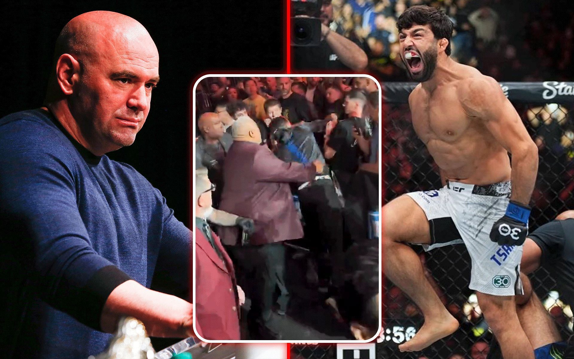 Fan breaks silence after Arman Tsarukyan altercation (right and center), asks Dana White (left) for UFC 303 tickets [Image via: Getty Images, @FiteTV on X and @arm_011 on Instagram]  