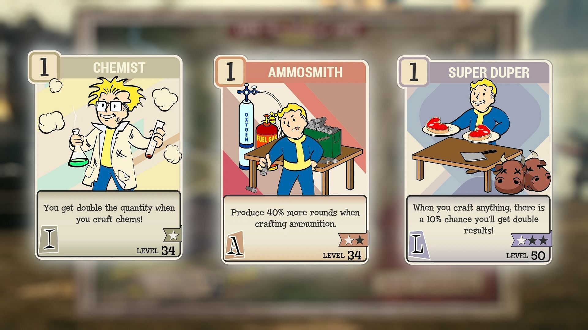 The Chemist, Ammosmith, and Super Duper perks (Image via Bethesda Game Studios)