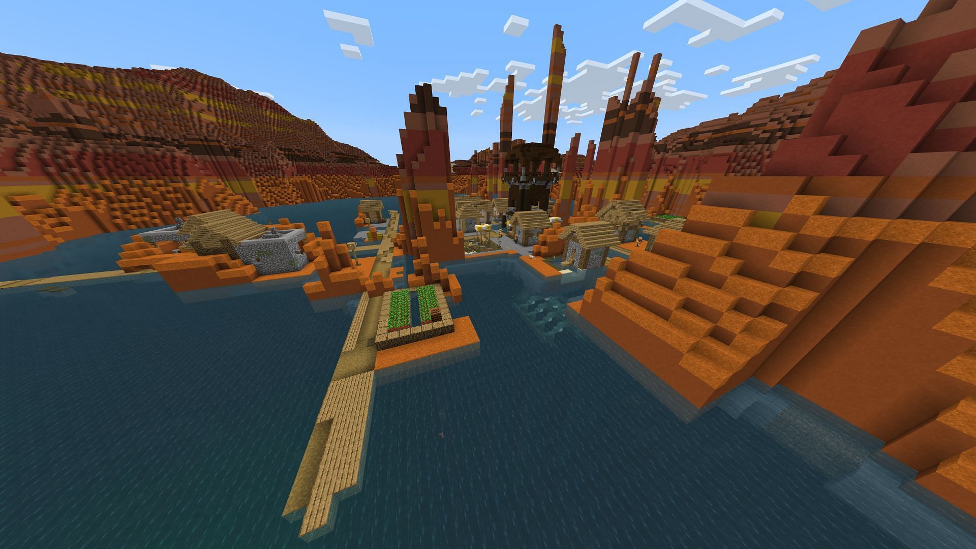 This Minecraft PE seed has a particularly chaotic collection of structures in a badlands biome (Image via Mojang)