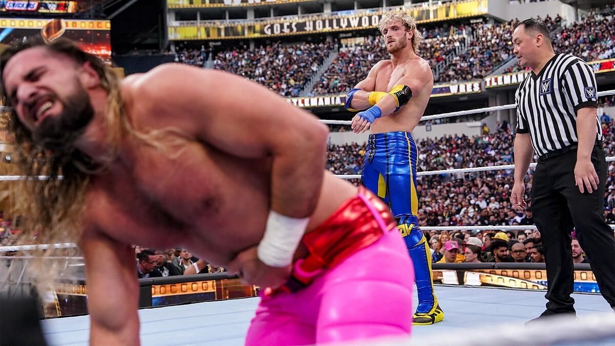 Logan Paul and Seth Rollins at WrestleMania 39