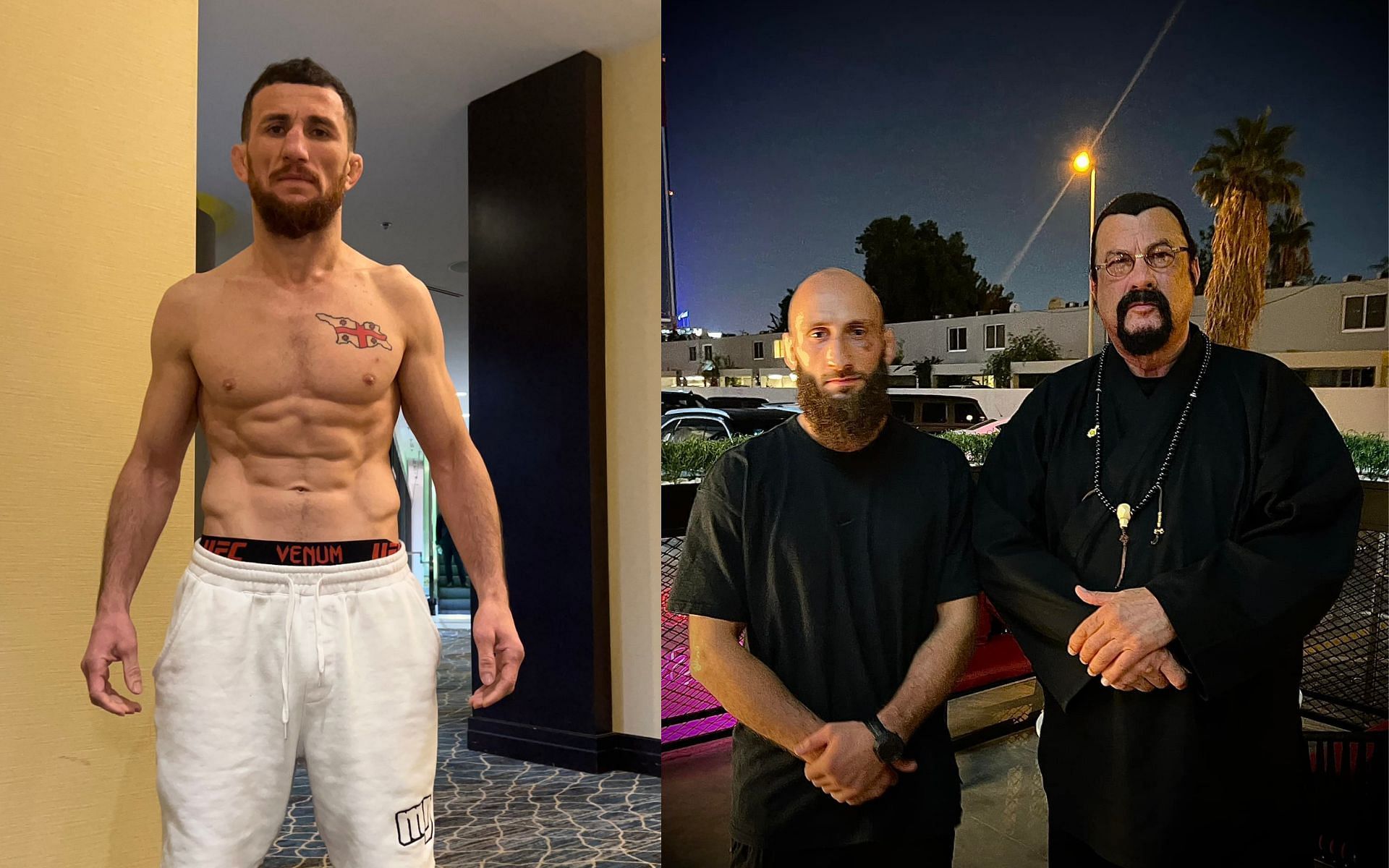 Merab Dvalishvili (left), Guram Kutateladze with Steven Seagal (right) (Image Courtesy - @MerabDvalishvil on X/Twitter, Guram Kutateladze on Facebook)
