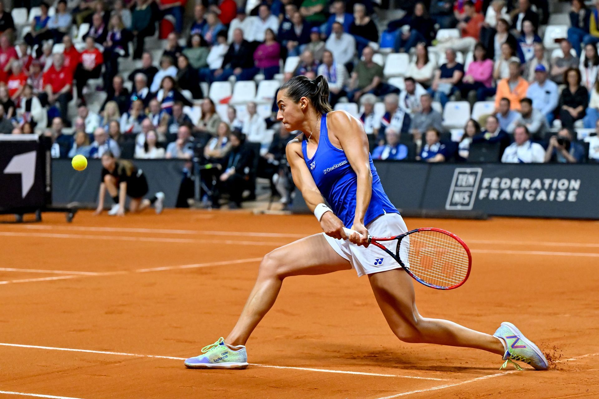 Caroline Garcia hits a backhand during 2024 BJK Cup qualifiers