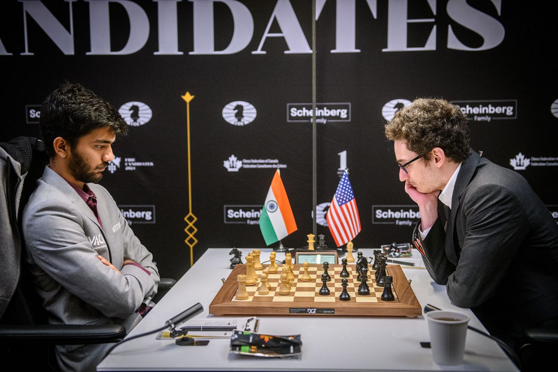 Gukesh D and Fabiano Caruana. (Credit: FIDE/X)