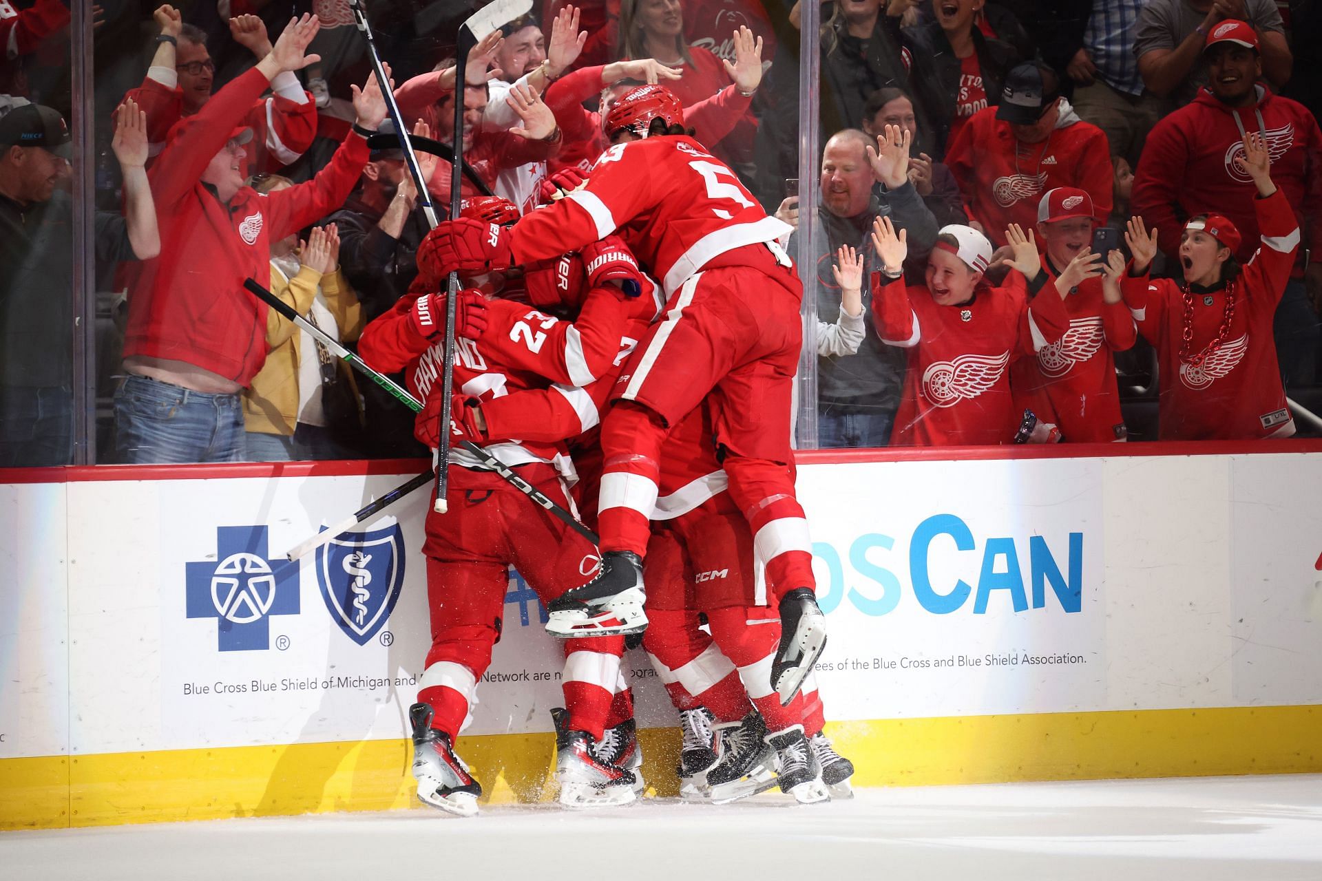 The Detroit Red Wings celebrate an overtime goal.