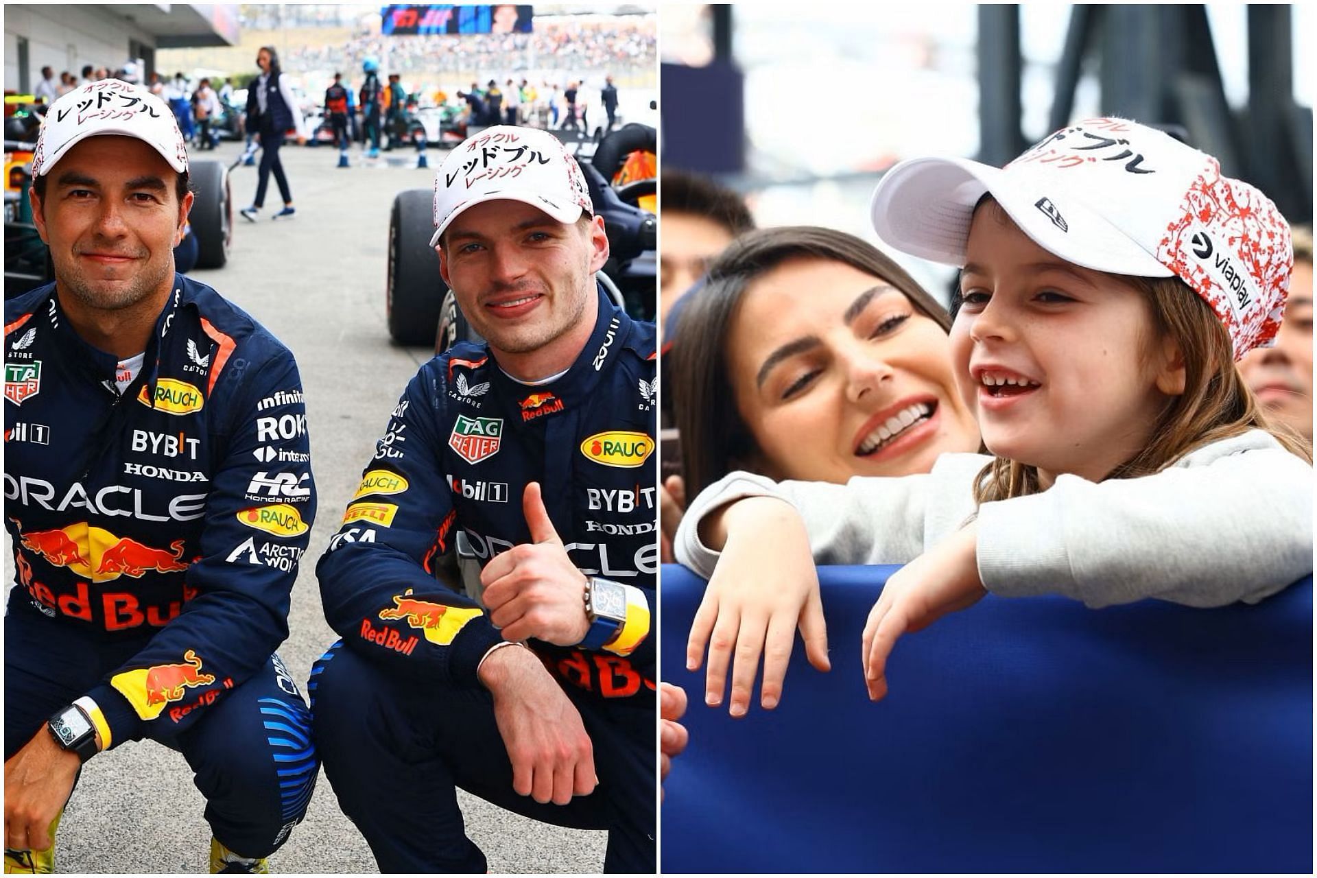 Sergio Perez (L), Max Verstappen (C) and Penelope (L) (Collage via Sportskeeda)