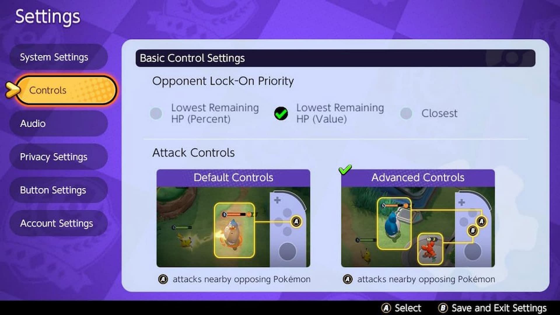 Find the Lock-On setting under the Controls section (Image via The Pokemon Company)