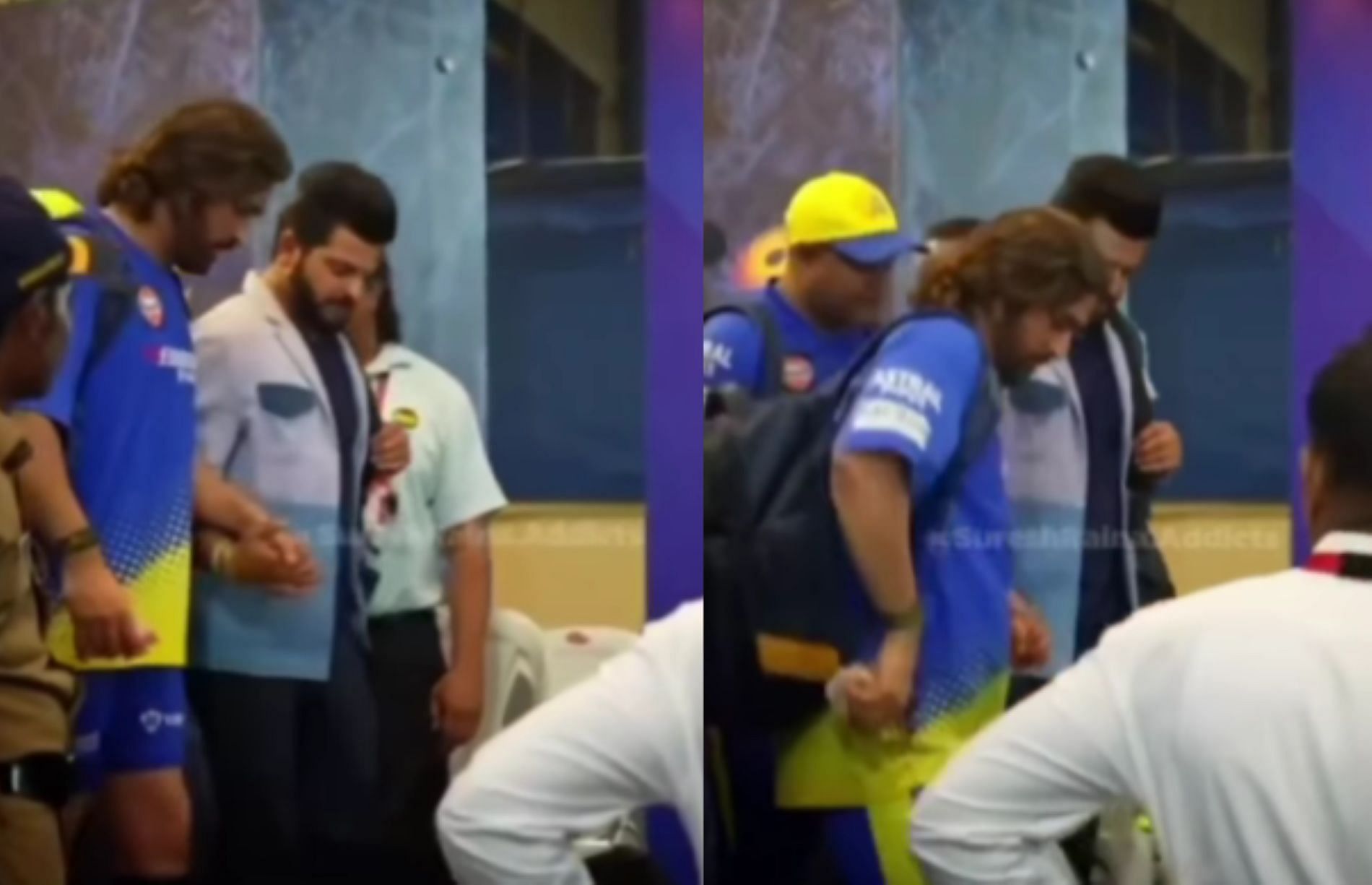 Raina lends a helping hand to a limping MS Dhoni[Credit: Fan Twitter handle]