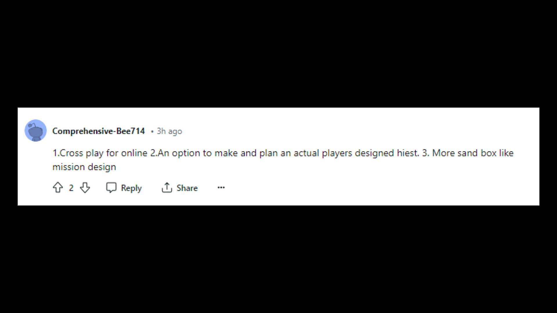 Reddit user u/Comprehensive-Bee714 wants to see cross-play in GTA 6 among other things (Image via Reddit)
