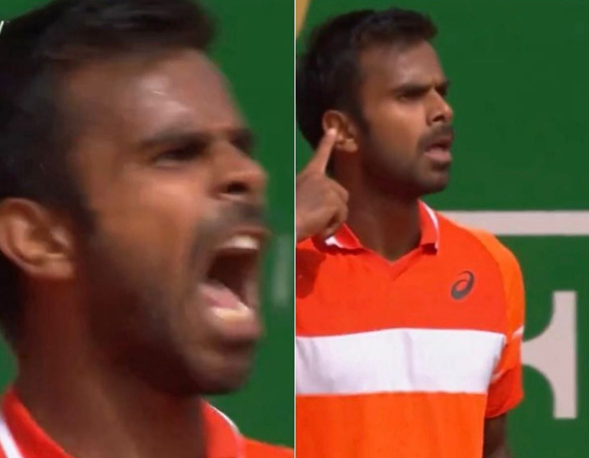Sumit Nagal performs an epic celebration after becoming first Indian player to win a match at Masters 1000 event on Clay (Image Credits: Monte-Carlo Masters/Twitter)