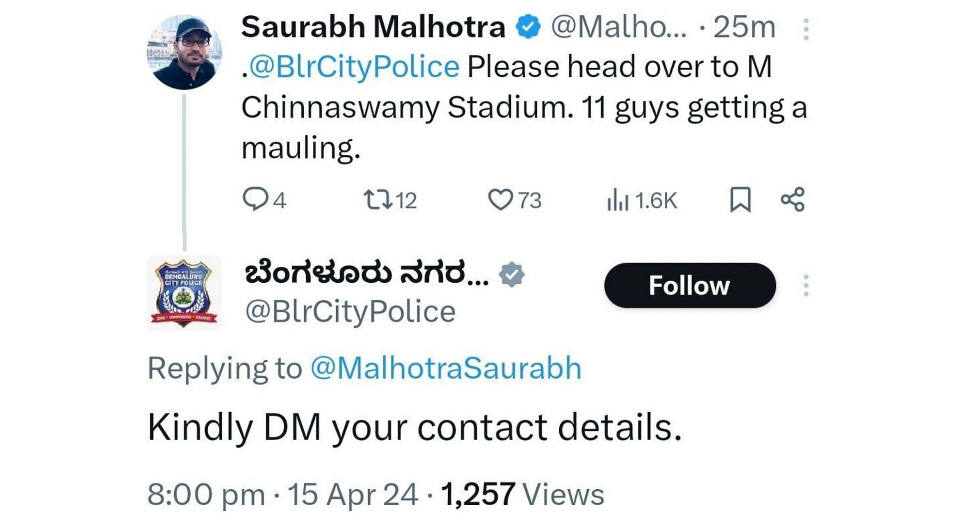 Screenshot of Bengaluru police's deleted reaction to a post regarding RCB vs SRH in IPL clash on Monday.