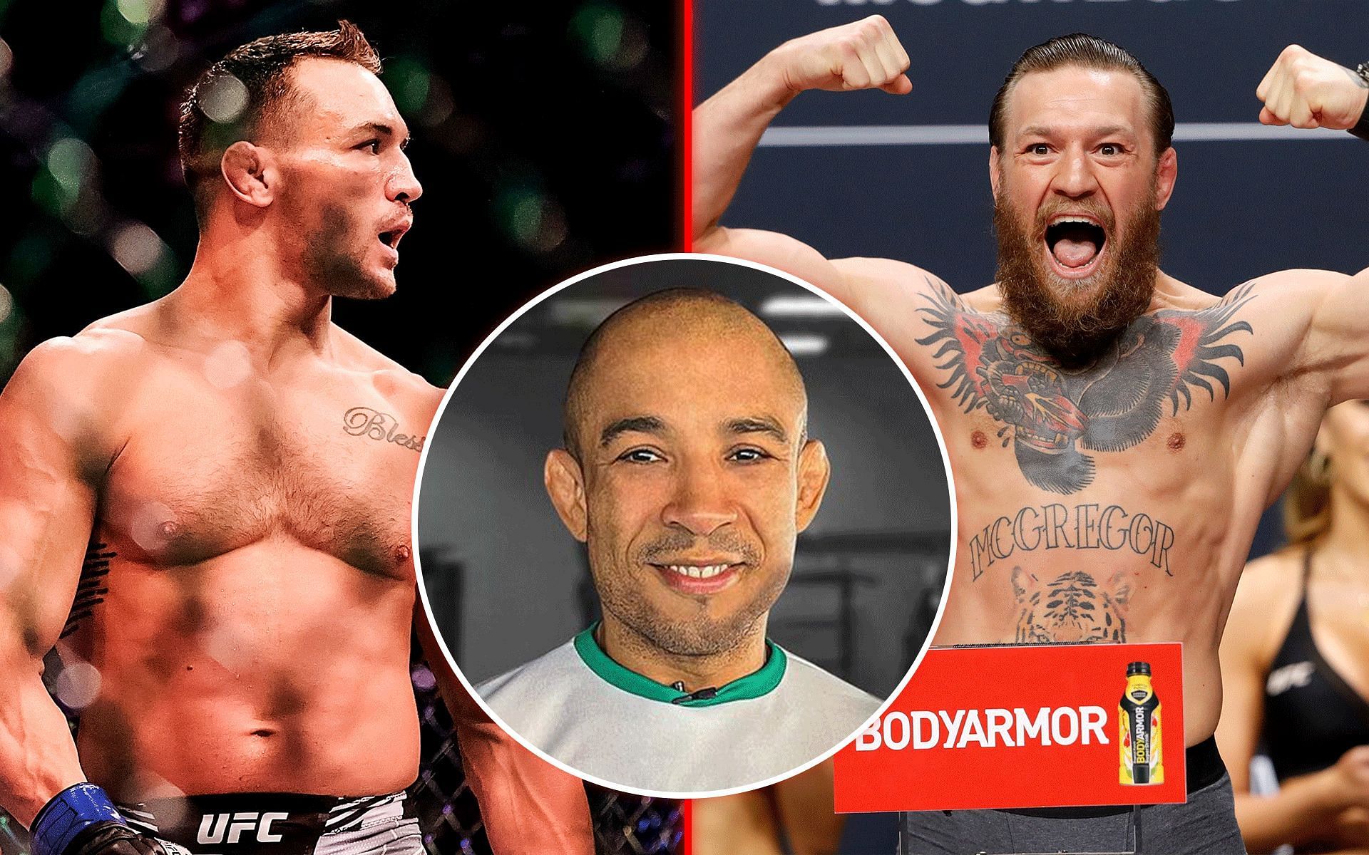 Jose Aldo (middle) seemingly hopes to see Conor McGregor (right) defeat Michael Chandler (left) at UFC 303 [Images courtesy: @josealdojunioroficial on Instagram and Getty Images]