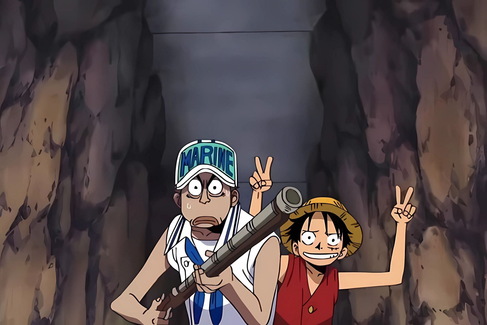Luffy (left) messing with a Marine officer as seen in the One Piece arc (Image via Toei Animation)