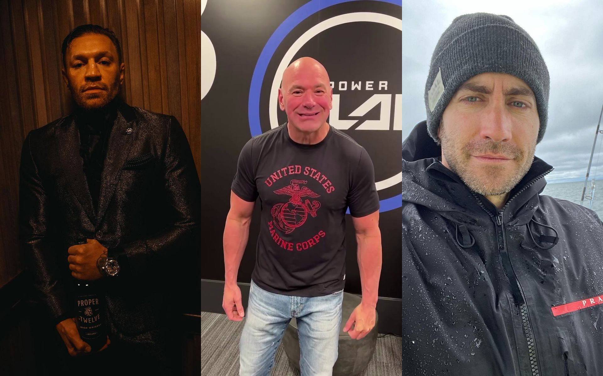 Dana White (center) talked about his experience filming Road House featuring&nbsp;Jake Gyllenhaal (right) and Conor McGregor. (left) [Images courtesy: @thenotoriousmma, @jakegyllenhaal and @danawhite on Instagram]