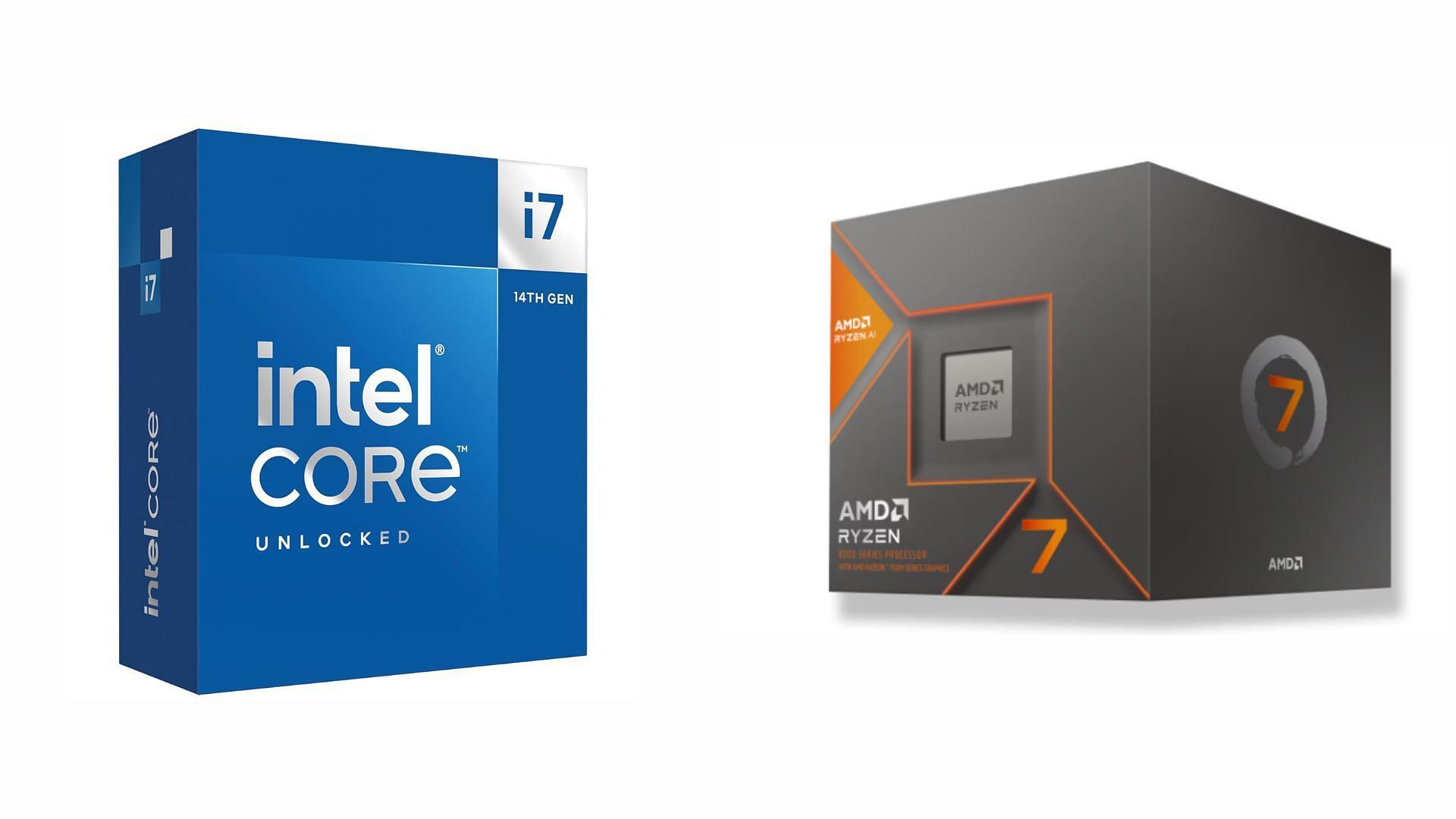 Both the Intel Core i7-14700K and AMD Ryzen 8700G are powerful mid-range CPUs. (Image via Amazon and AMD)