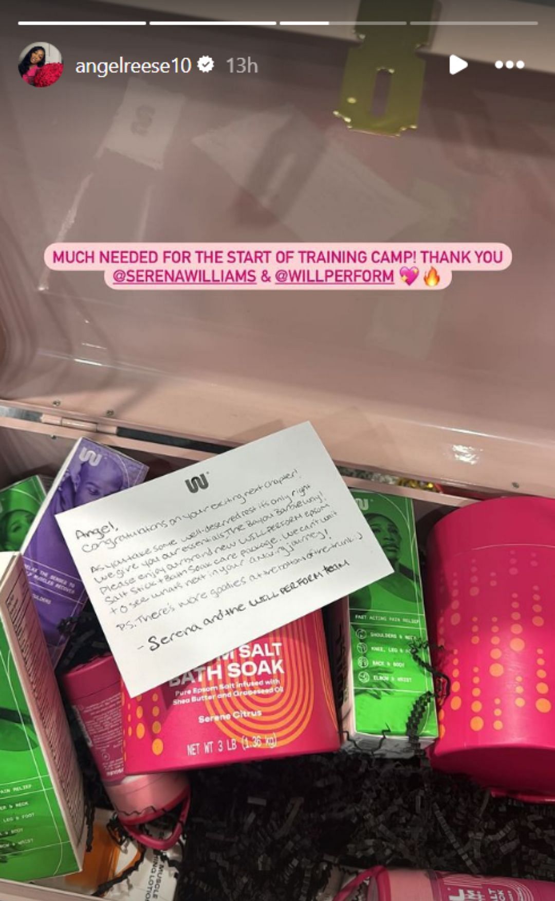 Angel Reese&#039;s Instagram story featuring the care package and note by Serena Williams