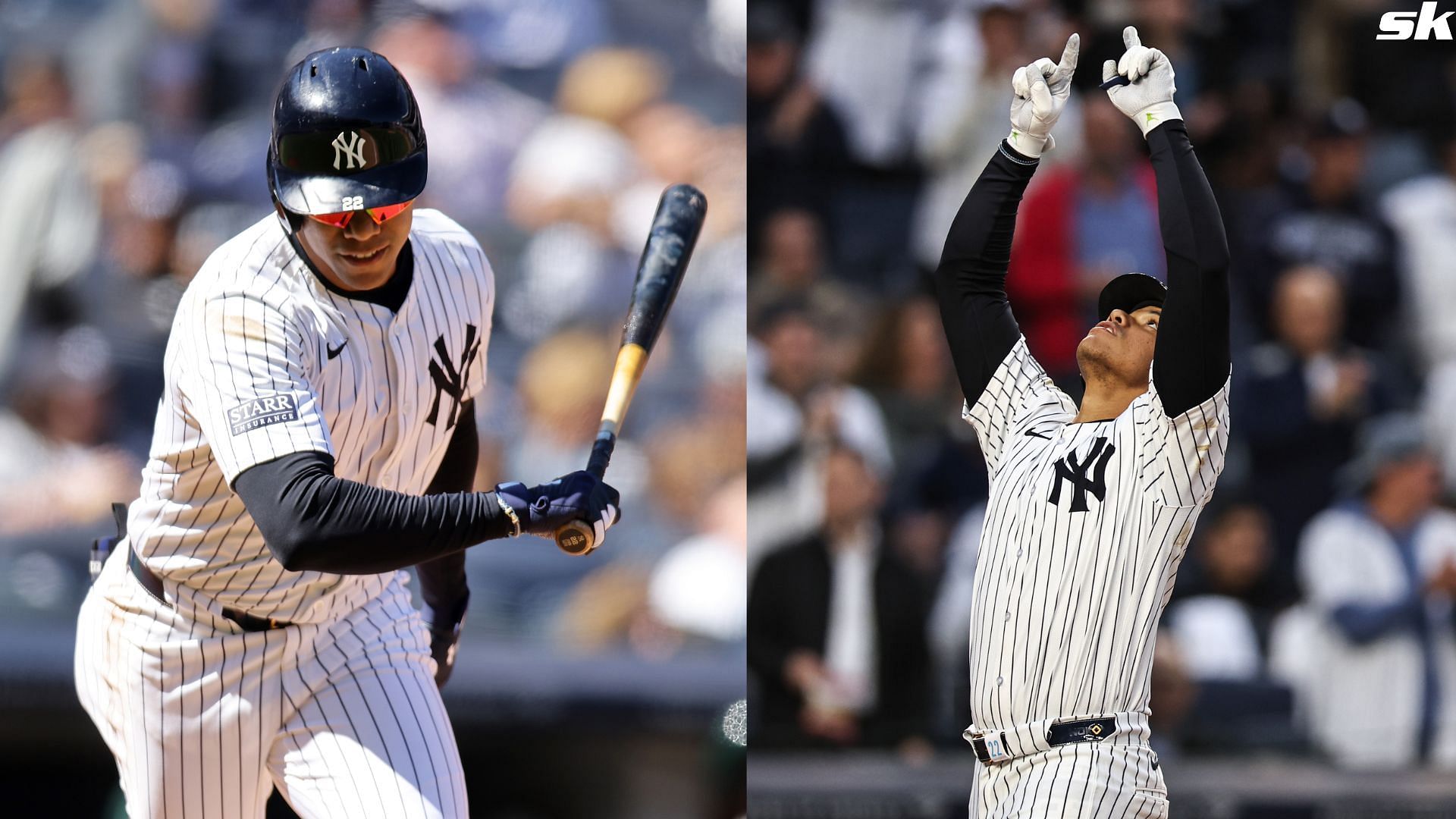 Juan Soto of the New York Yankees reacts after popping out to shortstop in the sixth inning against the Oakland Athletics at Yankee Stadium